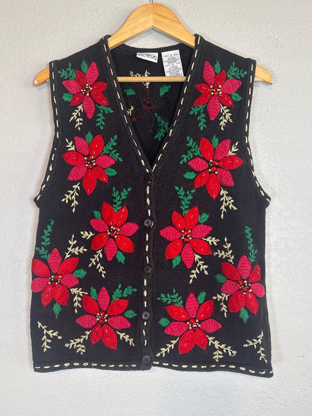 Vintage Black Red Poinsettia Christmas Vest Holiday Sweater Ramie Cotton Small